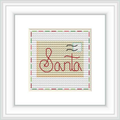 The image shows a cross stitch design featuring the word 'Santa' in red cursive lettering centered on a beige background with a subtle gray postmark above and to the right. The work is framed within a square that has a double layered border, the outermost being red and the inner one green.