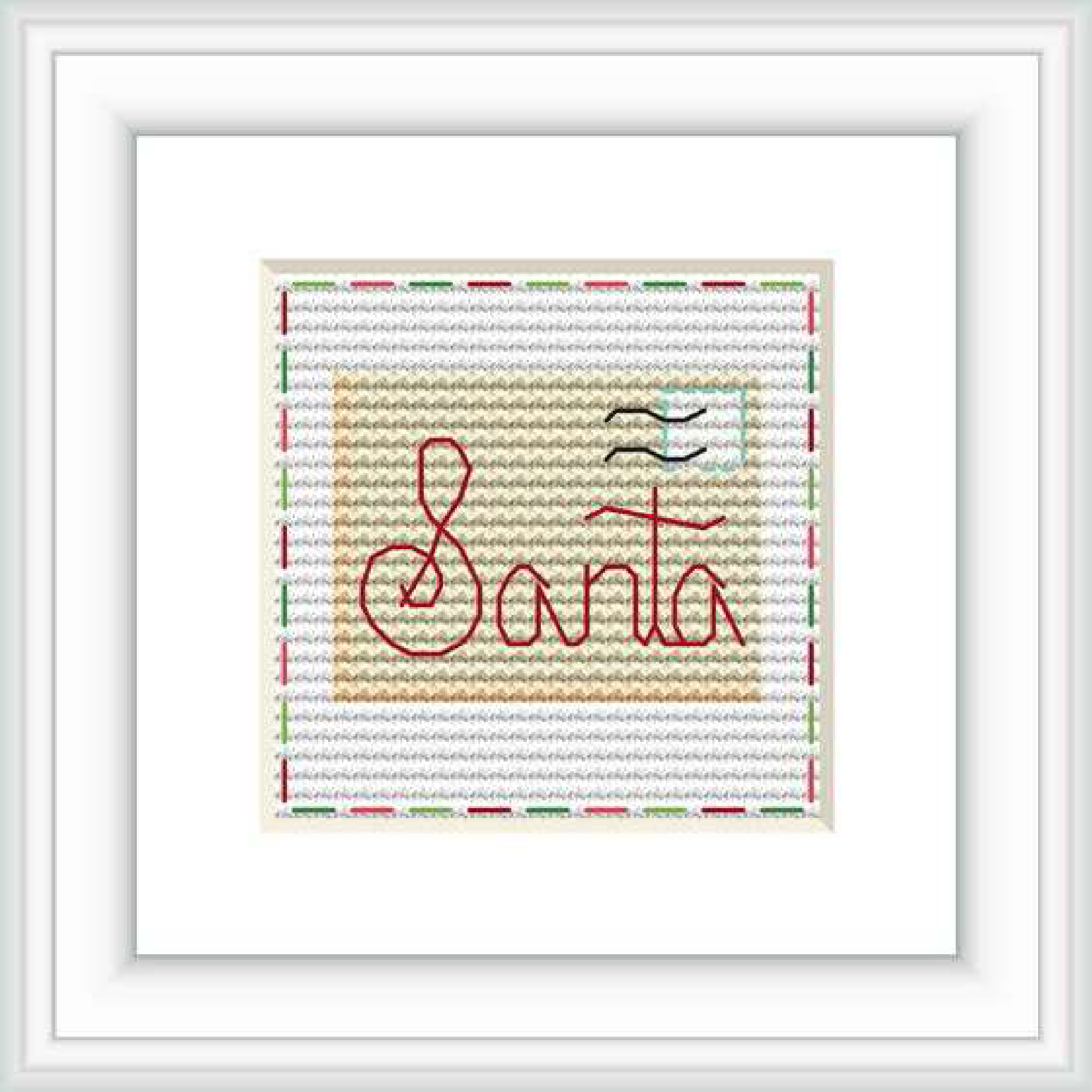 The image shows a cross stitch design featuring the word 'Santa' in red cursive lettering centered on a beige background with a subtle gray postmark above and to the right. The work is framed within a square that has a double layered border, the outermost being red and the inner one green.