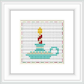 The image features a framed cross stitch pattern of a stylized candle with layers of red, yellow, and green, set against a white fabric with red-bounded edges. Stitching is on a grid with visible cross stitches.