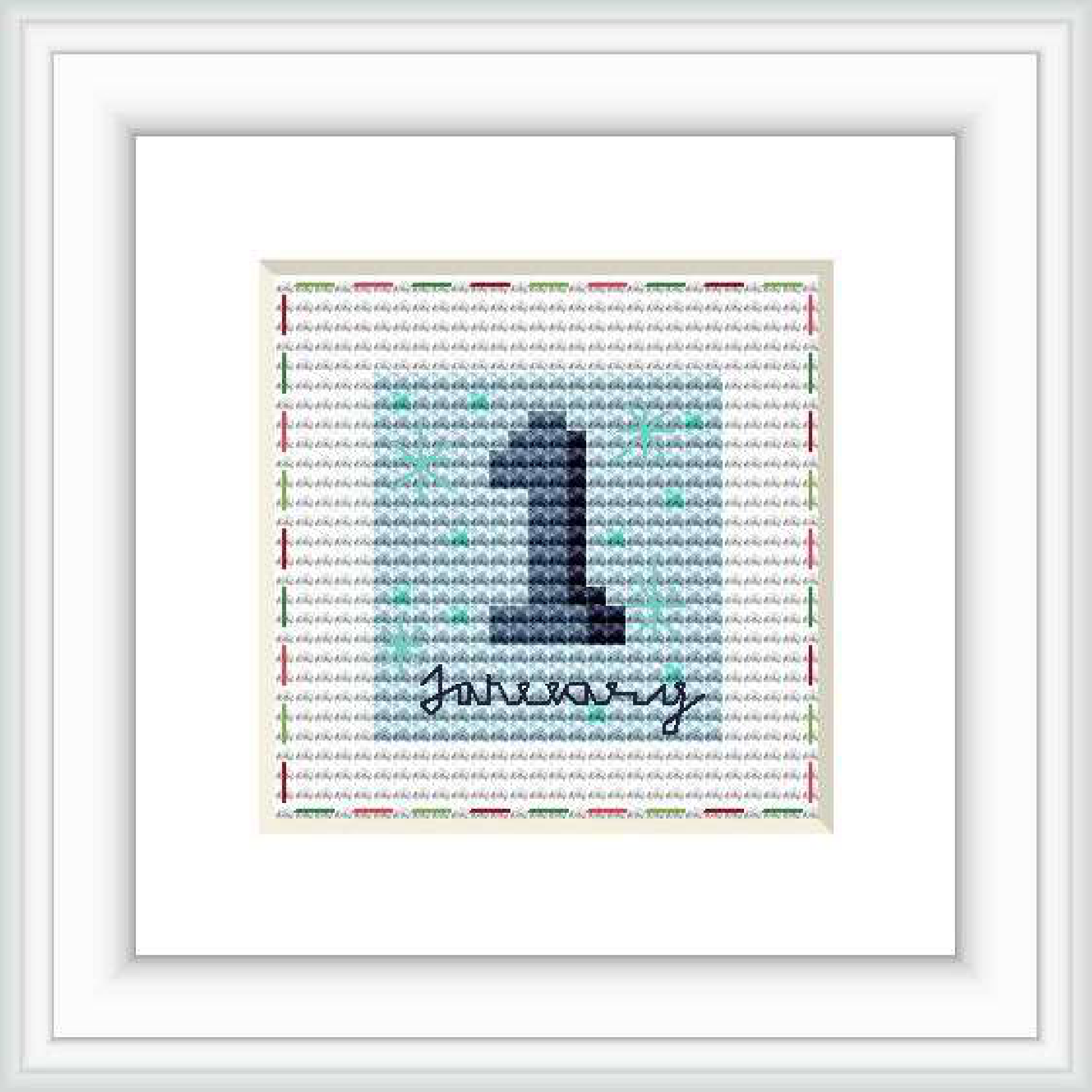 The image showcases a framed cross stitch pattern of the number '1' accompanied by the word 'January' below it, set against a subtle multicolored background.
