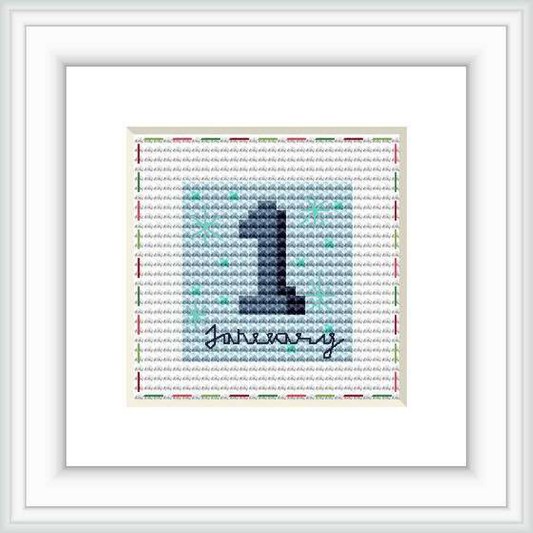 The image showcases a framed cross stitch pattern of the number '1' accompanied by the word 'January' below it, set against a subtle multicolored background.