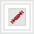 The image showcases a cross stitch pattern of a nutcracker depicted in a pixel art style. The pattern is centered on a square grid, against a white background with grey horizontal lines and a burgundy border.
