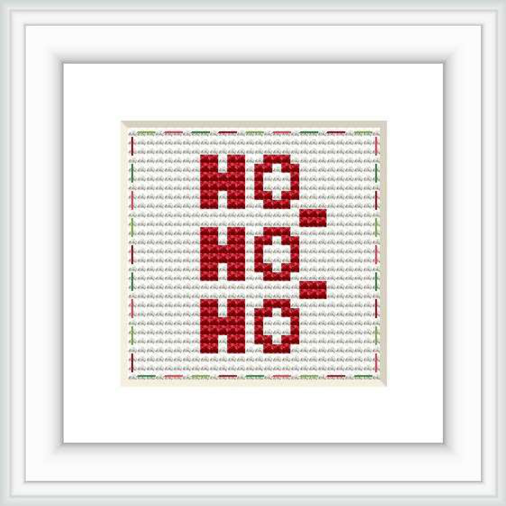 The image showcases a cross stitch pattern with the phrase 'Ho Ho Ho' repeated three times in a block pattern, using red, green, white, and hints of silver and gold hues, framed in white and presented against a neutral background.