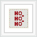 The image showcases a cross stitch pattern with the phrase 'Ho Ho Ho' repeated three times in a block pattern, using red, green, white, and hints of silver and gold hues, framed in white and presented against a neutral background.