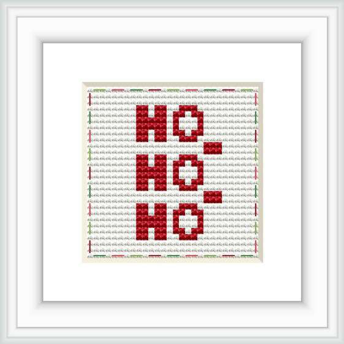 The image showcases a cross stitch pattern with the phrase 'Ho Ho Ho' repeated three times in a block pattern, using red, green, white, and hints of silver and gold hues, framed in white and presented against a neutral background.