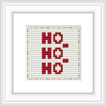 The image showcases a cross stitch pattern with the phrase 'Ho Ho Ho' repeated three times in a block pattern, using red, green, white, and hints of silver and gold hues, framed in white and presented against a neutral background.