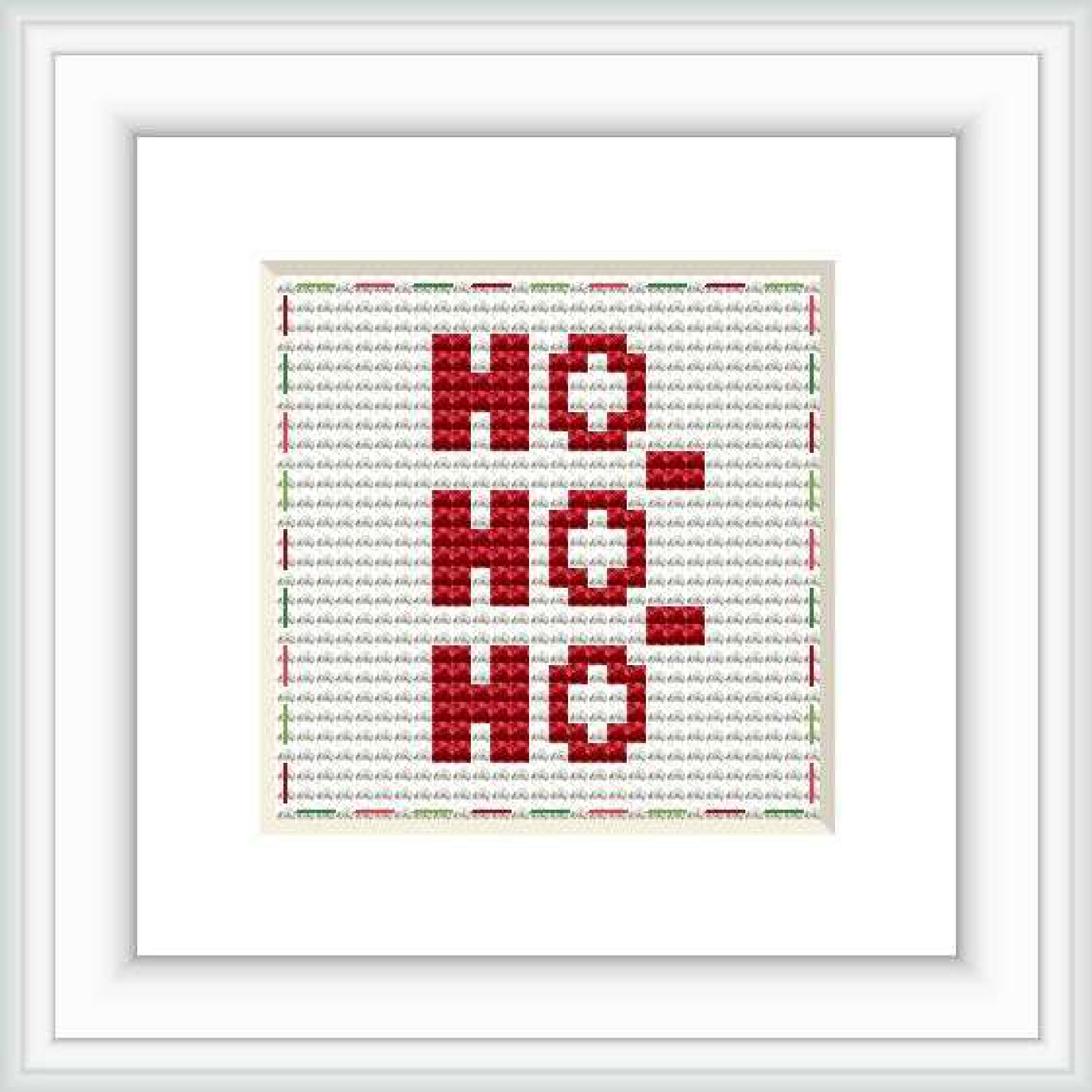 The image showcases a cross stitch pattern with the phrase 'Ho Ho Ho' repeated three times in a block pattern, using red, green, white, and hints of silver and gold hues, framed in white and presented against a neutral background.