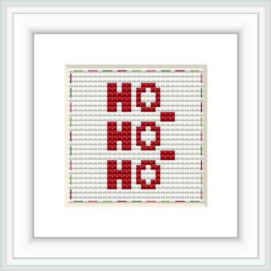 The image showcases a cross stitch pattern with the phrase 'Ho Ho Ho' repeated three times in a block pattern, using red, green, white, and hints of silver and gold hues, framed in white and presented against a neutral background.