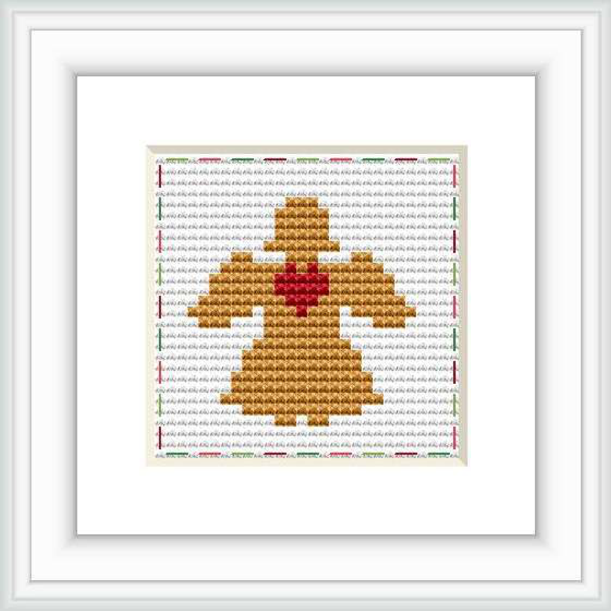 The image displays a framed cross stitch pattern of an angel centered within the composition, predominantly in shades of gold and with a red heart at its core. The background is made up of rows of horizontal stitches in a variety of colors creating a textured effect.
