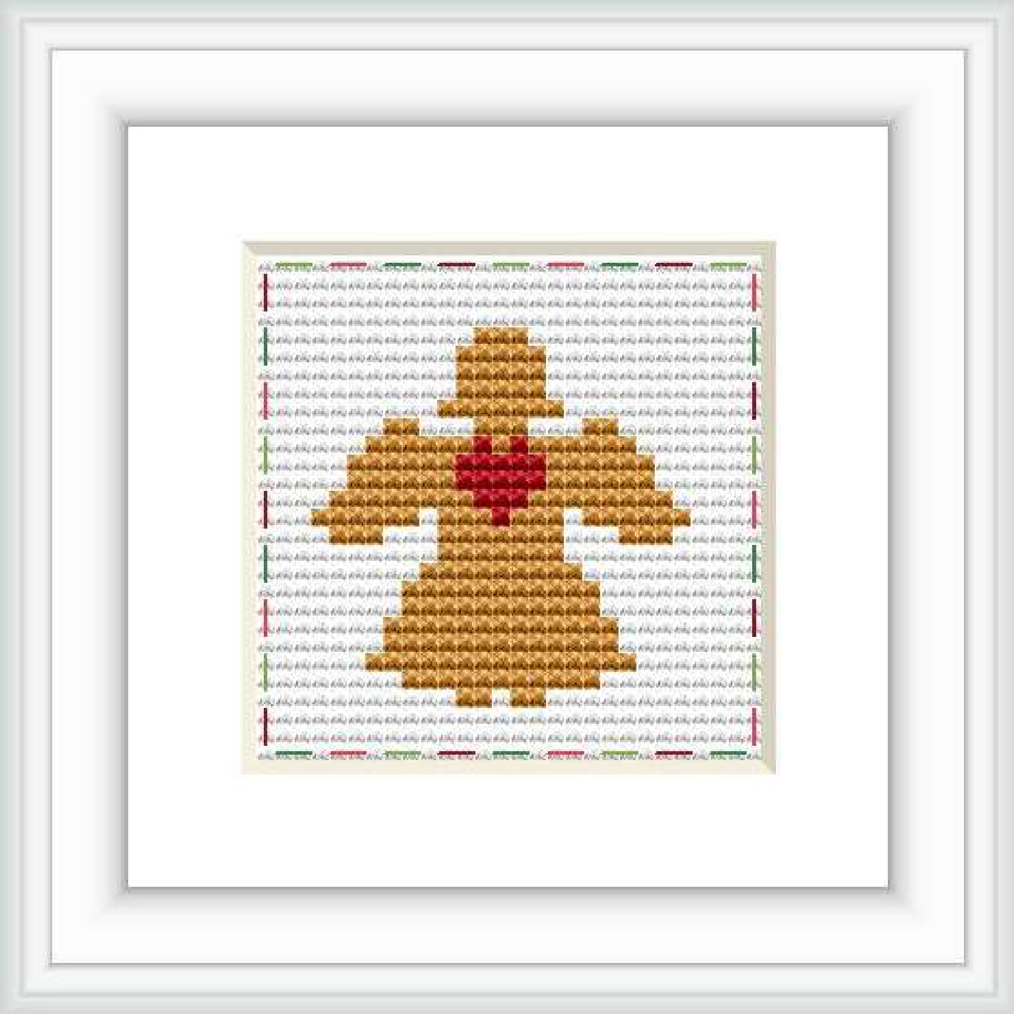 The image displays a framed cross stitch pattern of an angel centered within the composition, predominantly in shades of gold and with a red heart at its core. The background is made up of rows of horizontal stitches in a variety of colors creating a textured effect.