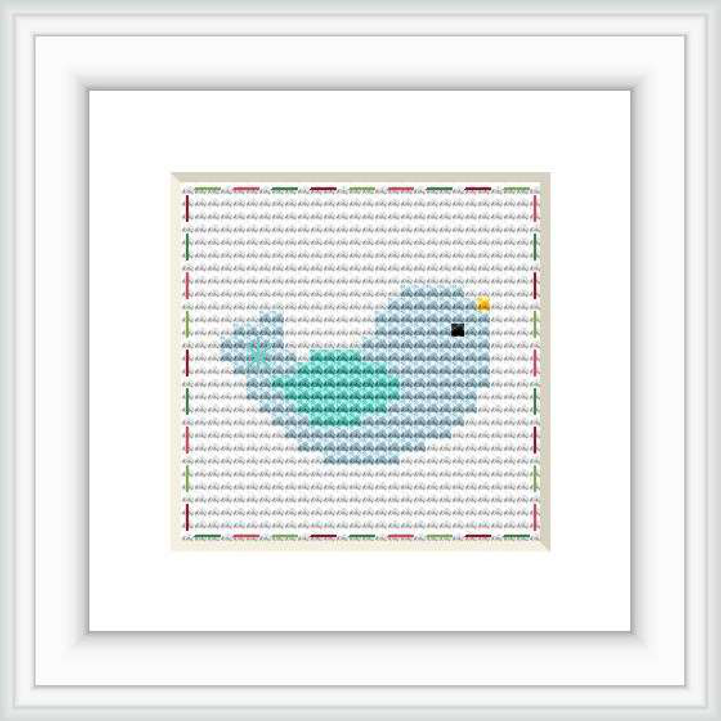 The image shows a cross stitch pattern with a small bird in the center, surrounded by a series of small X-shaped stitches in various colors creating a framed piece. The background is a grid-like pattern for easier stitching reference.