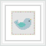 The image shows a cross stitch pattern with a small bird in the center, surrounded by a series of small X-shaped stitches in various colors creating a framed piece. The background is a grid-like pattern for easier stitching reference.