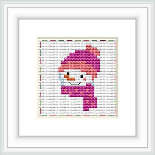 The image features a simple cross stitch pattern of a stylized snowman figure with winter accessories, set against a grid background within a white square frame.