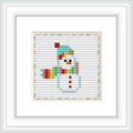 The image shows a framed cross stitch pattern of a stylized snowman against a patterned background within a square frame. The snowman is made with colorful blocks that form a rainbow gradient.