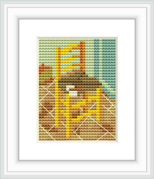 The image features a framed cross-stitch pattern depicting Van Gogh's chair, with a palette of ochres, browns, and aqua blues, against a neutral background.