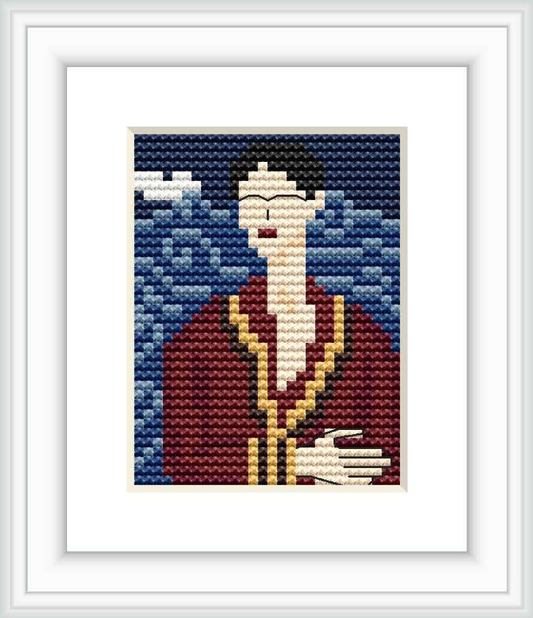 This cross stitch pattern features an interpretation of a woman, presumably Frida Kahlo, dressed in a burgundy velvet dress with a cream-colored neckline. The background consists of several shades of blue, representing the sky with white details hinting at clouds. The entire piece is framed within a white border.