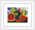 The image shows a framed cross stitch pattern featuring abstracted shapes and colors that resemble the style of Frida Kahlo's art.