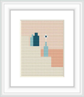 The image displays a framed cross stitch pattern with an abstract geometric design, featuring two vertical blocks of color, one in teal and the other in a lighter shade, set against a backdrop of closely spaced, neutral-toned stitches.
