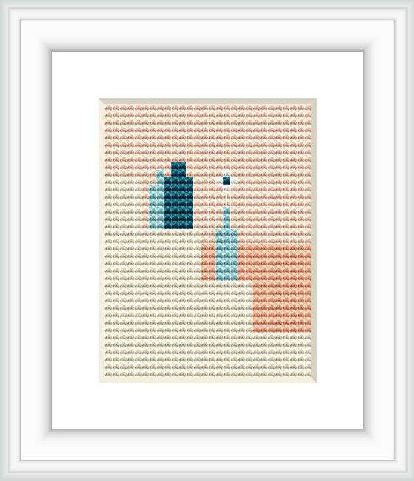 The image displays a framed cross stitch pattern with an abstract geometric design, featuring two vertical blocks of color, one in teal and the other in a lighter shade, set against a backdrop of closely spaced, neutral-toned stitches.