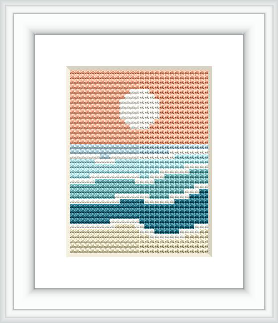 The image depicts a framed cross stitch pattern showing an abstract representation of a sunset with a rounded sun above water. The pattern is pixelated, showing a gradation of warm to cool colors from top to bottom.