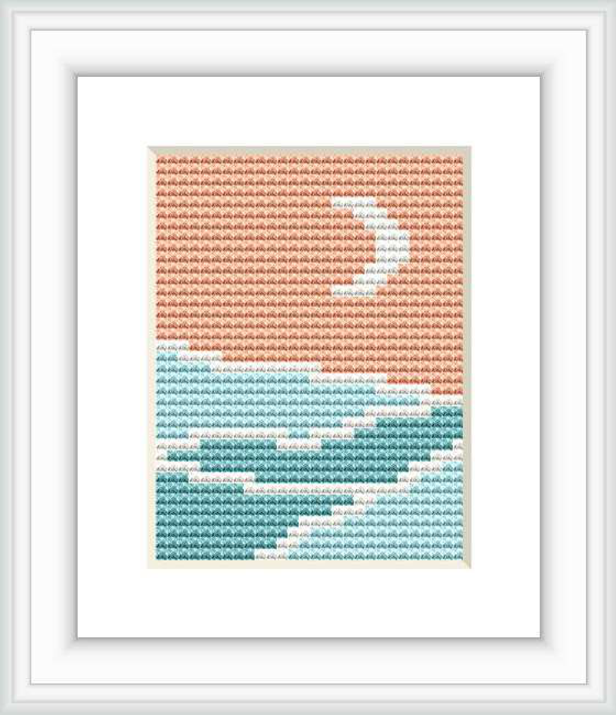 The image depicts a framed cross stitch pattern showing an abstract representation of sunset over water, with gradation from coral at the top to sea green at the bottom, and hints of ivory breaking waves.