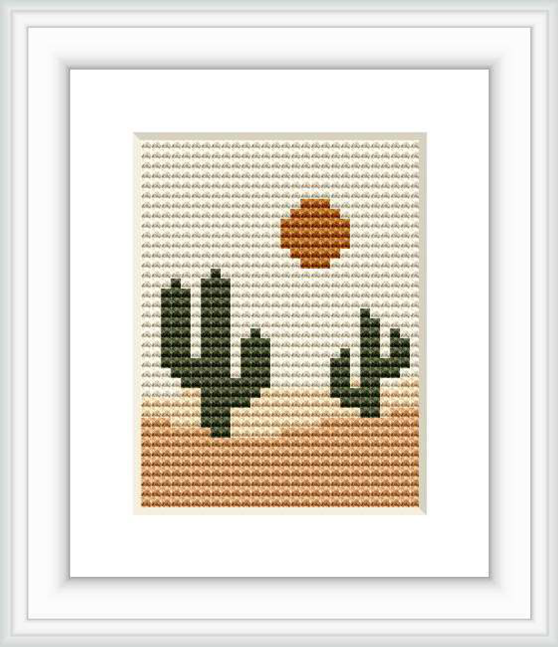 The image features two green cacti of differing sizes in front of a light gray and beige gradient background, suggestive of a desert sky. Above the cacti is a small orange circle representing the setting sun.