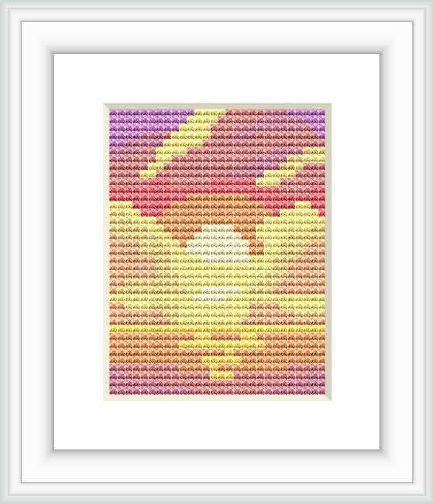 The design features an abstract representation of a sunset with warm colors blending together. It is contained within a small, rectangular cross stitch embroidery format.
