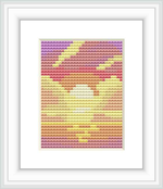 The design features an abstract representation of a sunset with warm colors blending together. It is contained within a small, rectangular cross stitch embroidery format.