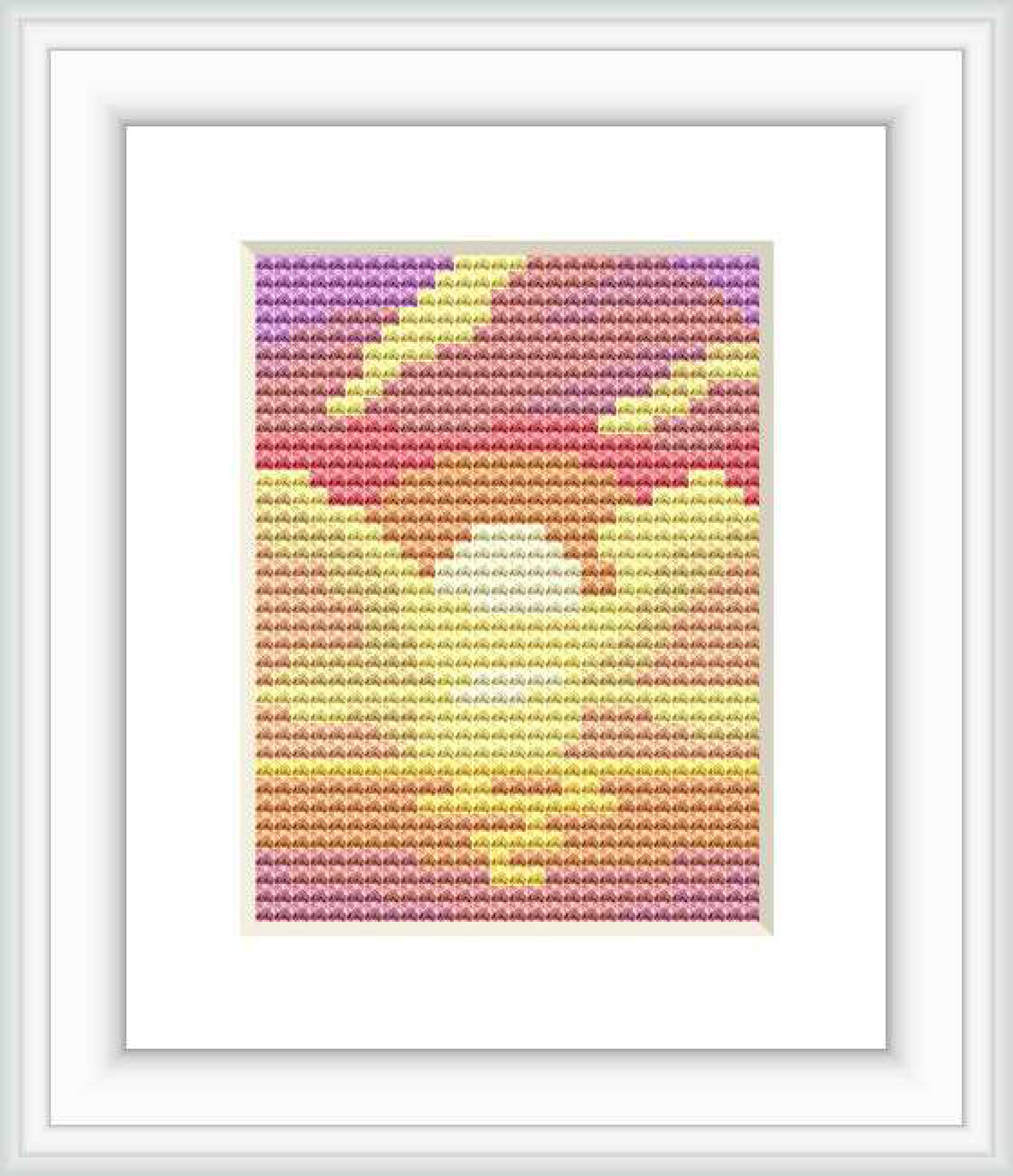 The design features an abstract representation of a sunset with warm colors blending together. It is contained within a small, rectangular cross stitch embroidery format.