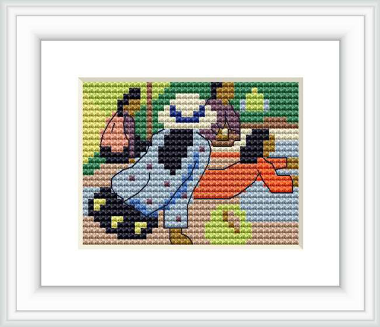 The cross stitch pattern depicts a scene with human figures, likely in a cultural setting, as they appear to be in a moment of rest or siesta. They are surrounded by a blend of patterns and colors, giving a textured appearance reminiscent of Gauguin's style.