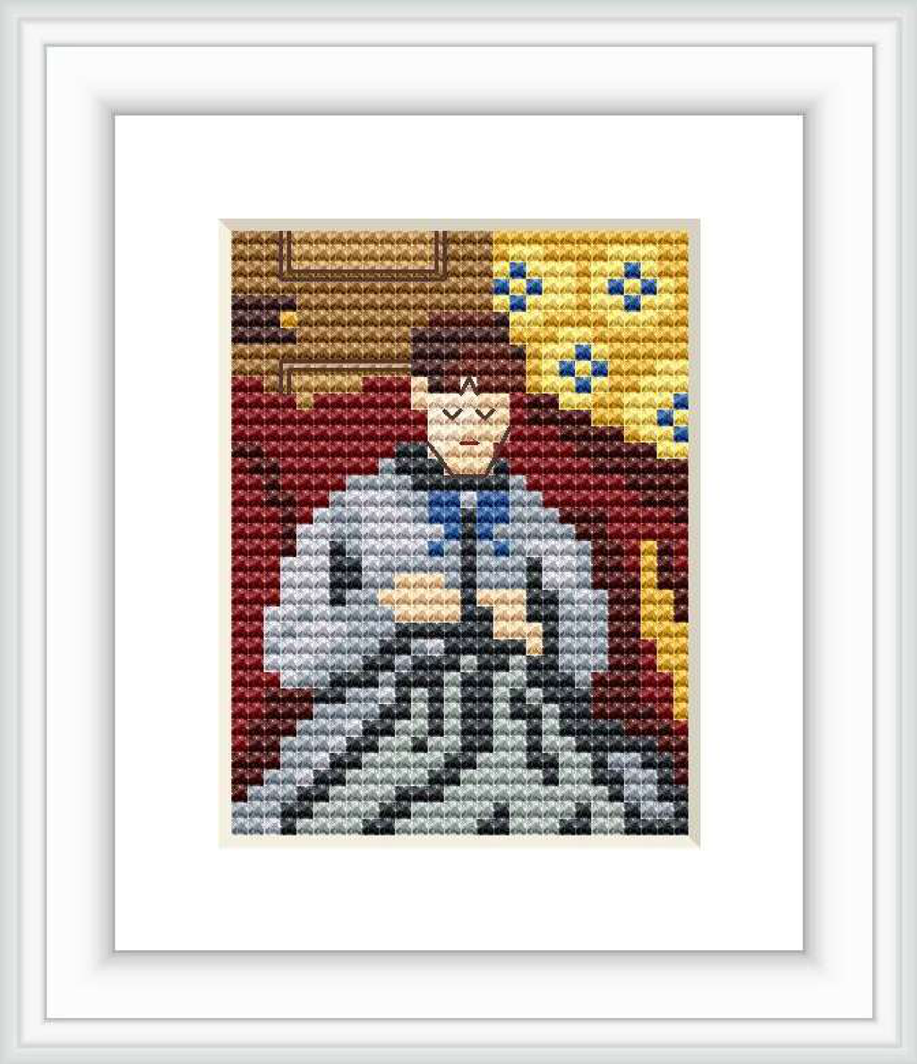Cross stitch depiction of Madame Cezanne focused on sewing, sitting against a background with yellow floral patterns and maroon draperies. To her left, a wooden cabinet or divider is suggested.