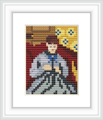 Cross stitch depiction of Madame Cezanne focused on sewing, sitting against a background with yellow floral patterns and maroon draperies. To her left, a wooden cabinet or divider is suggested.
