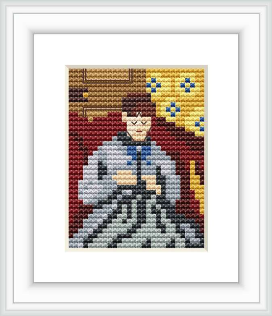 Cross stitch depiction of Madame Cezanne focused on sewing, sitting against a background with yellow floral patterns and maroon draperies. To her left, a wooden cabinet or divider is suggested.