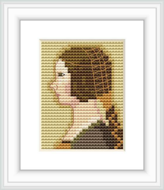 The image depicts a cross stitch pattern framed in white with a beige backdrop, showcasing the profile of a young woman with her hair pinned back, reminiscent of Renaissance portraiture.