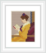 The image shows a cross stitch pattern of a young girl in a yellow dress reading a letter. She is sitting beside a blue-striped element, possibly a wall or curtain, with a maroon backdrop behind her. A light beige field surrounds the central figure.