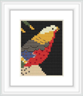 The cross stitch pattern depicts a stylized bird in profile with its beak pointing upwards. It appears amidst dark background with elements of blossoms and leaves. The pattern is framed and presented on a plain background.