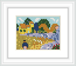 A cross stitch pattern depicting a farmhouse surrounded by greenery and flowers, with a blue and white sky in the background. The farmhouse is in hues of yellow and brown.