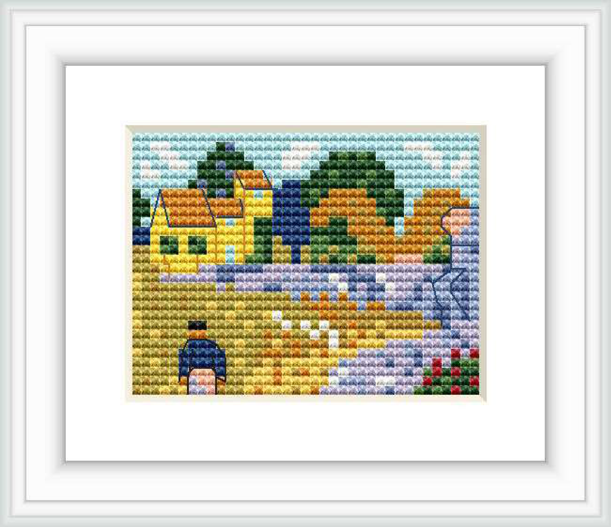 A cross stitch pattern depicting a farmhouse surrounded by greenery and flowers, with a blue and white sky in the background. The farmhouse is in hues of yellow and brown.