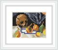 This cross stitch design replicates a still life painting featuring a skull centered in the foreground, a bottle to its right, and assorted fruits in the foreground. It's laid upon a surface with a dark background and draped cloth across the composition.