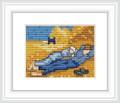 This cross stitch design depicts a rural outdoor scene with a reclining figure under the shade, reflecting the style of Van Gogh's 'The Siesta'. The color palette includes golden, blue, and earth tones, with a minimalist landscape in the background.