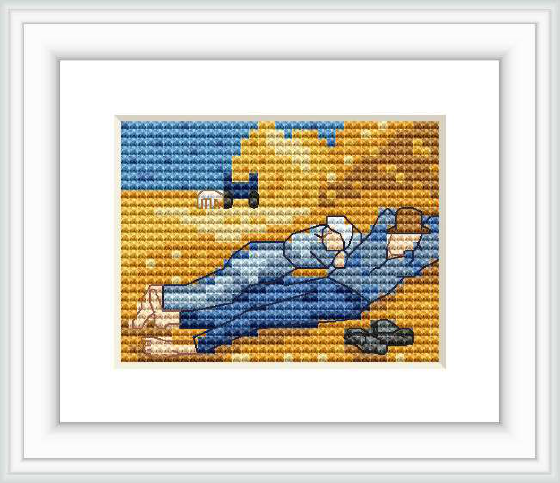 This cross stitch design depicts a rural outdoor scene with a reclining figure under the shade, reflecting the style of Van Gogh's 'The Siesta'. The color palette includes golden, blue, and earth tones, with a minimalist landscape in the background.