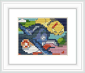 A framed cross stitch pattern depicting two stylized cats, one blue and one yellow against a colorful background, encased within a white border and frame.