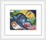 A framed cross stitch pattern depicting two stylized cats, one blue and one yellow against a colorful background, encased within a white border and frame.