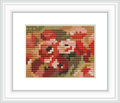 A cross stitch representation of Pierre-Auguste Renoir's artwork featuring anemones. The stitched piece captures the essence of the floral theme with a palette of reds, greens, and neutral tones.