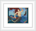 The cross stitch pattern depicts a sea nymph with pale skin and flowing hair, seated on a rocky outcrop surrounded by shades of blue that represent water. The background features warmer tones, suggesting a sky during sunset or sunrise.