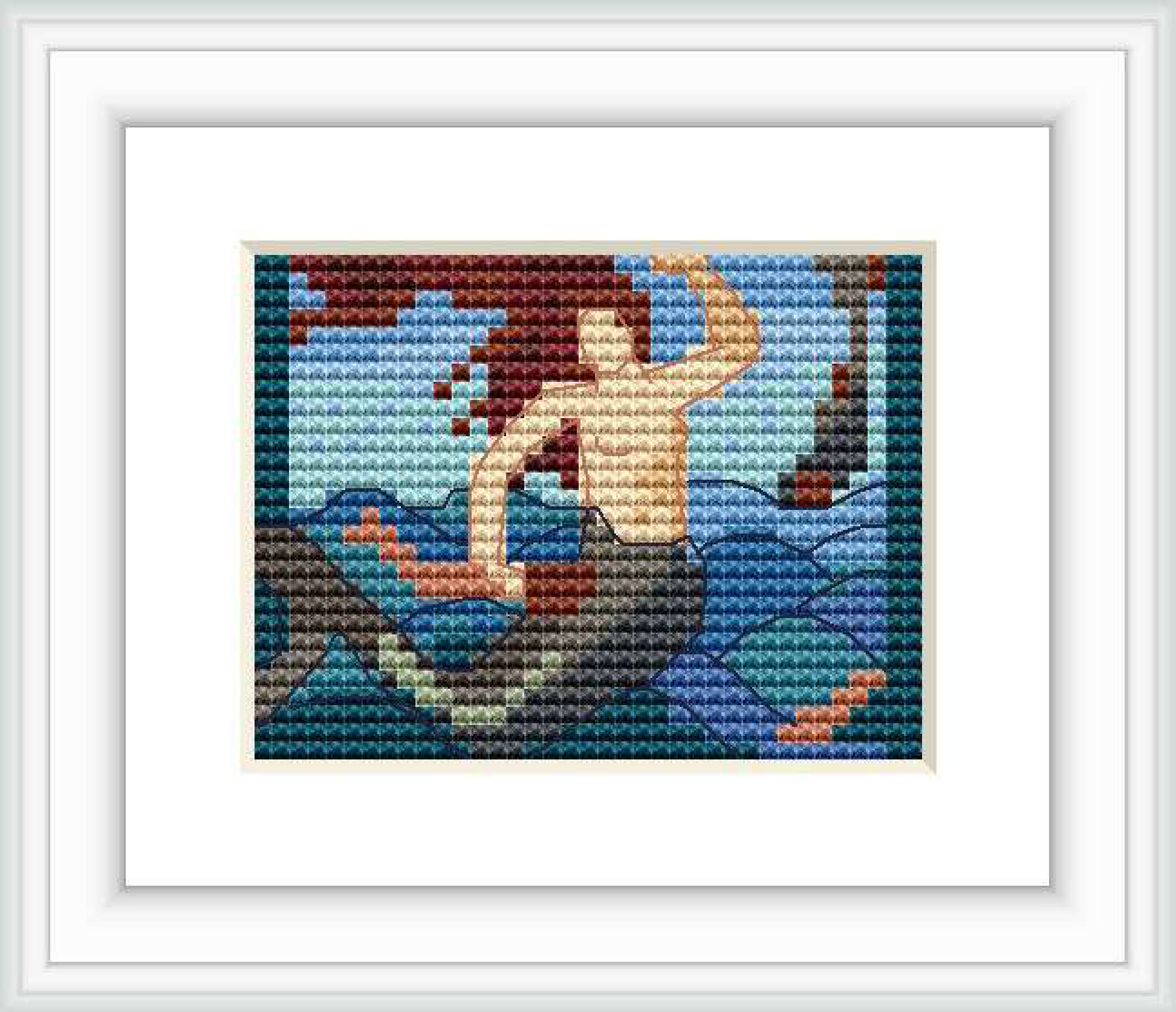 The cross stitch pattern depicts a sea nymph with pale skin and flowing hair, seated on a rocky outcrop surrounded by shades of blue that represent water. The background features warmer tones, suggesting a sky during sunset or sunrise.