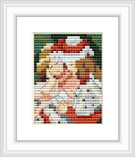 The image shows a cross stitch pattern depicting two girls reading a book together. The background consists of a collage of earthy and warm colors, giving an intimate and cozy atmosphere to the depiction.