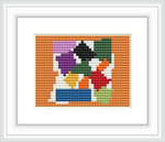 The image shows a framed cross stitch pattern featuring an abstract representation of a snail with a collection of colorful, geometric shapes arranged against a contrasting background.