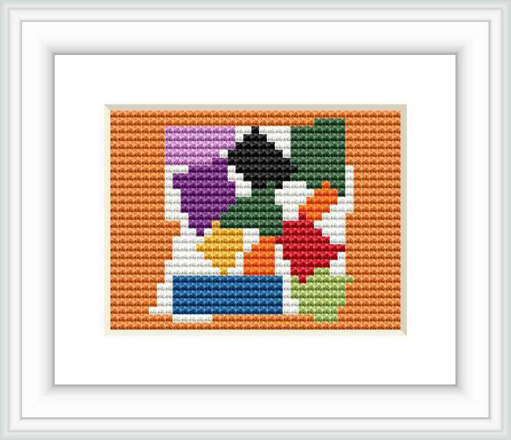 The image shows a framed cross stitch pattern featuring an abstract representation of a snail with a collection of colorful, geometric shapes arranged against a contrasting background.