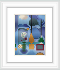 The cross stitch pattern displays an abstract representation of a room with a window, using a rich color palette and geometric shapes.